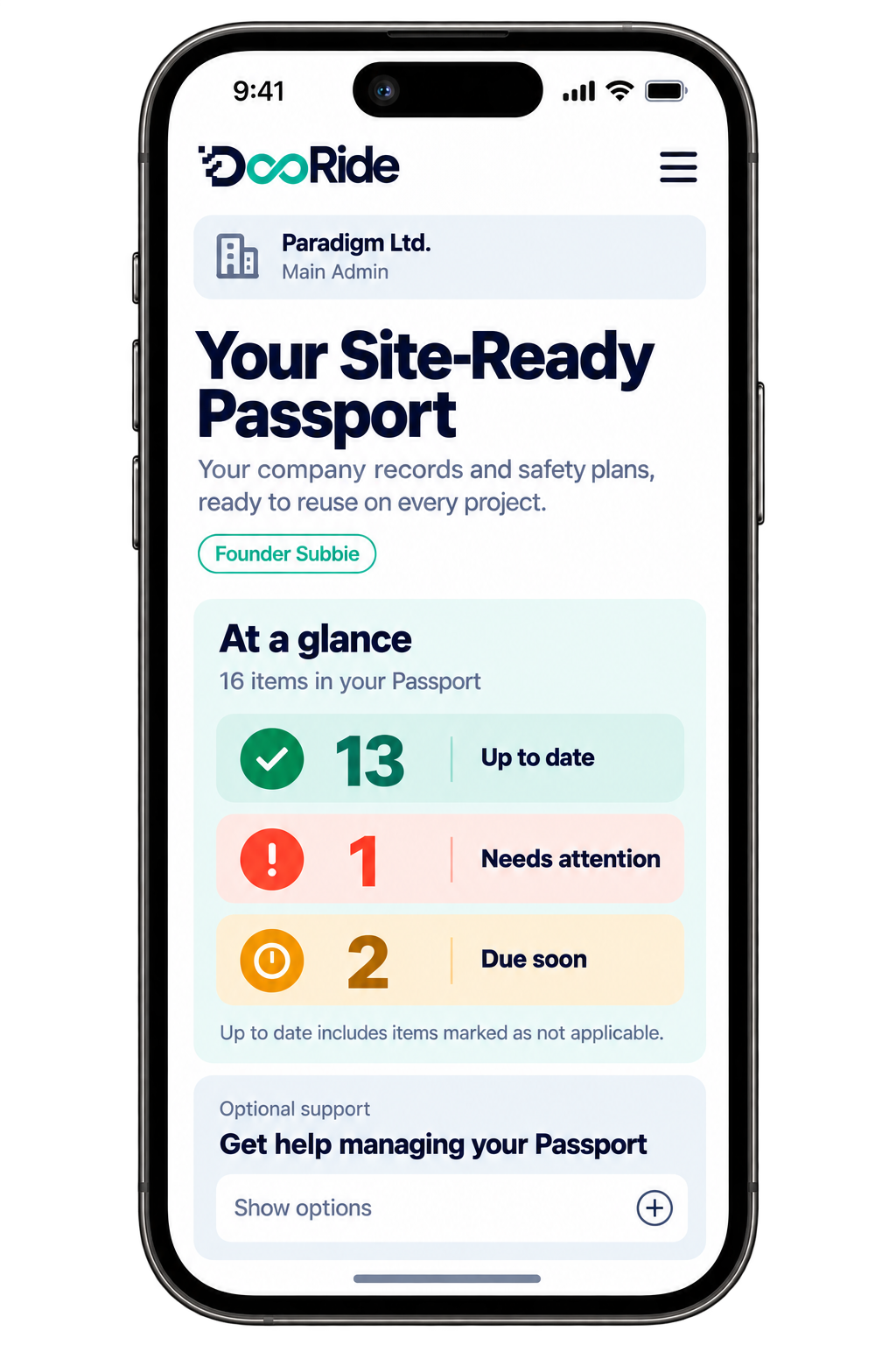 Illustration of Paradigm Ltd.'s Site-Ready Passport on a phone: 16 items, with 13 up to date, 1 needing attention and 2 due soon.