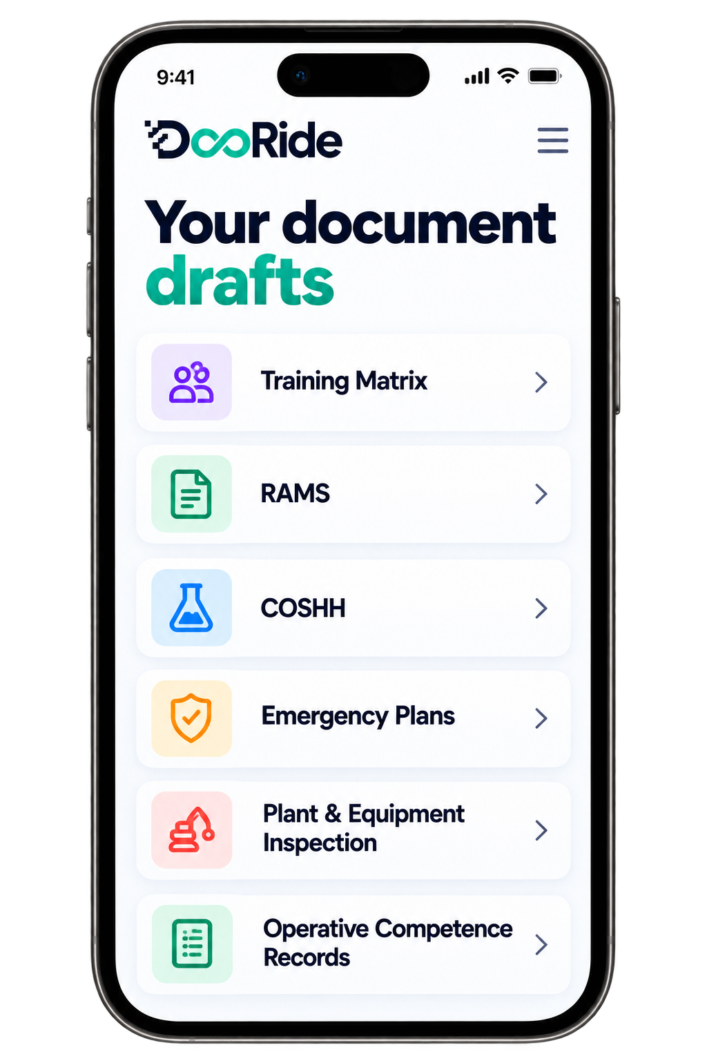 DocRide document drafts on a phone: Training Matrix, RAMS, COSHH and Emergency Plan, ready to review and tailor before use.